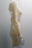 Pink Sexy Solid Hollowed Out Patchwork Backless Asymmetrical O Neck Pencil Skirt Dresses