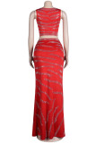 Red Fashion Sexy Patchwork Hot Drilling Slit O Neck Sleeveless Two Pieces
