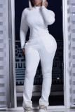 White Fashion Casual Solid Patchwork Zipper Collar Long Sleeve Two Pieces