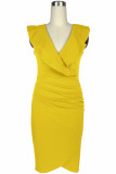 Yellow Fashion Sexy Solid Patchwork V Neck One Step Skirt Dresses