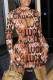 Brown Fashion Sexy Letter Print Hollowed Out Turtleneck Long Sleeve Dresses