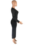 Black Sexy Casual Solid Hollowed Out O Neck Long Sleeve Dresses