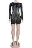 Apricot Sexy Hot Drilling Split Joint See-through O Neck Long Sleeve Dresses