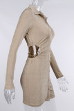 Apricot Sexy Solid Hollowed Out Patchwork Buckle Turndown Collar One Step Skirt Dresses