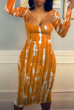 Red Sexy Patchwork Tie-dye Square Collar Pencil Skirt Dresses