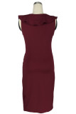 Burgundy Fashion Sexy Solid Split Joint V Neck One Step Skirt Dresses