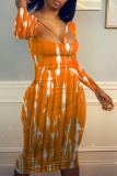 Red Sexy Patchwork Tie-dye Square Collar Pencil Skirt Dresses