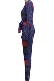 Blue Sexy Print Patchwork V Neck Skinny Jumpsuits