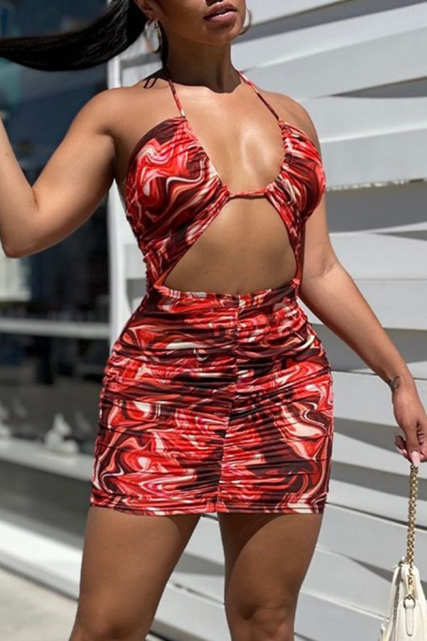 Red Fashion Sexy Print Bandage Hollowed Out Backless Halter Sleeveless Dress Dresses