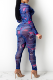 Blue Sexy Print Patchwork V Neck Skinny Jumpsuits