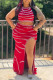 Red Fashion Sexy Patchwork Hot Drilling Slit O Neck Sleeveless Two Pieces