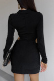 Apricot Sexy Solid Hollowed Out Patchwork Buckle Turndown Collar One Step Skirt Dresses