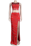 Red Fashion Sexy Patchwork Hot Drilling Slit O Neck Sleeveless Two Pieces