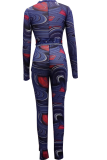 Blue Sexy Print Patchwork V Neck Skinny Jumpsuits