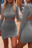 Pink Sexy Solid Hollowed Out Patchwork Backless Asymmetrical O Neck Pencil Skirt Dresses