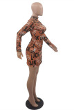 Brown Fashion Sexy Letter Print Hollowed Out Turtleneck Long Sleeve Dresses