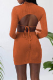 Pink Sexy Solid Hollowed Out Patchwork Backless Asymmetrical O Neck Pencil Skirt Dresses