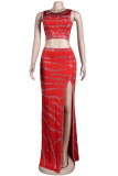 Red Fashion Sexy Patchwork Hot Drilling Slit O Neck Sleeveless Two Pieces
