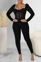 Black Sexy Solid Split Joint See-through Square Collar Regular Jumpsuits