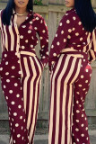Burgundy Fashion Casual Print Patchwork Turndown Collar Regular Jumpsuits