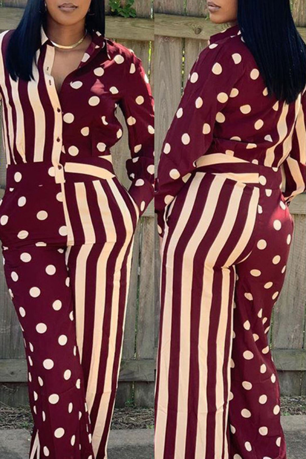 Burgundy Fashion Casual Print Patchwork Turndown Collar Regular Jumpsuits
