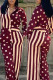 Burgundy Fashion Casual Print Patchwork Turndown Collar Regular Jumpsuits