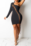 Black Fashion Sexy Solid Bandage Hollowed Out Oblique Collar Long Sleeve Dresses