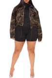 Camouflage Casual Camouflage Print Patchwork Turndown Collar Outerwear