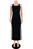 Deep Blue Fashion Casual Patchwork Slit U Neck Vest Dress