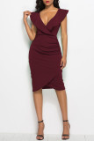 Rose Red Fashion Sexy Solid Split Joint V Neck One Step Skirt Dresses