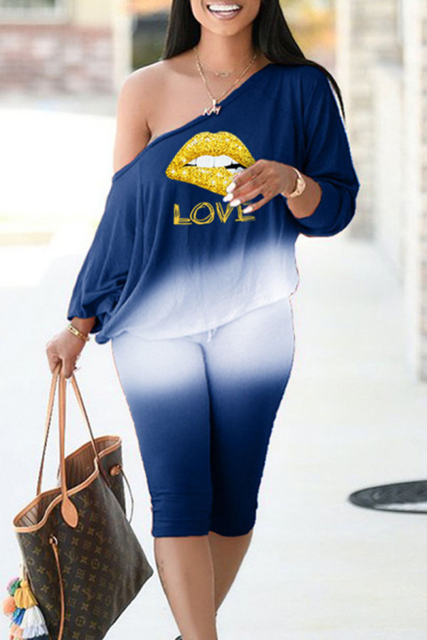 Blue Casual Gradual Change Print Patchwork Off the Shoulder Long Sleeve Two Pieces