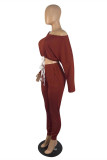 Red Fashion Casual Solid Basic O Neck Long Sleeve Two Pieces