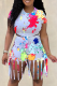 White Casual Patchwork Tassel Tie-dye O Neck Short Sleeve Two Pieces