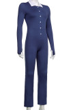 Blue Casual Solid Patchwork Buttons Turndown Collar Regular Jumpsuits