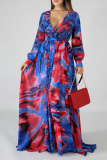 Blue Red Sexy Print Patchwork V Neck Cake Skirt Dresses