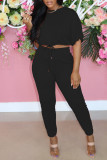 Black Fashion Casual Solid Bandage O Neck Short Sleeve Two Pieces