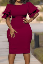 Wine Red Fashion Sexy adult Ma'am O Neck Solid Stitching Plus Size