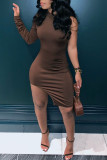 Deep Coffee Fashion Sexy Solid Asymmetrical O Neck Long Sleeve Dresses pre-sale