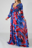 Blue Red Sexy Print Patchwork V Neck Cake Skirt Dresses