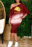 Red Casual Gradual Change Print Patchwork Off the Shoulder Long Sleeve Two Pieces