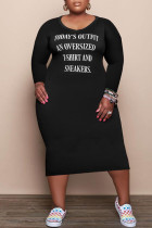 Black Fashion Casual Letter Print Basic V Neck Long Sleeve Plus Size Dresses
