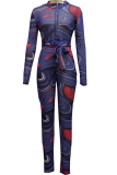 Blue Sexy Print Patchwork V Neck Skinny Jumpsuits