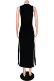 Deep Blue Fashion Casual Patchwork Slit U Neck Vest Dress