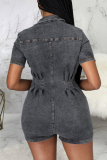 Blue Street Solid Patchwork Turndown Collar Skinny Rompers