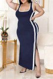 Deep Blue Fashion Casual Patchwork Slit U Neck Vest Dress