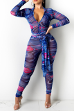 Blue Sexy Print Patchwork V Neck Skinny Jumpsuits