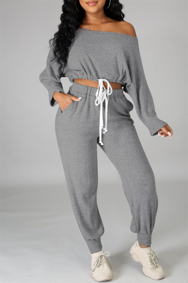 Grey Fashion Casual Solid Basic O Neck Long Sleeve Two Pieces