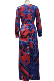 Blue Red Sexy Print Patchwork V Neck Cake Skirt Dresses
