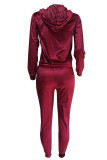 Purplish Red Casual Solid Split Joint Hooded Collar Long Sleeve Two Pieces