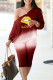 Red Casual Gradual Change Print Patchwork Off the Shoulder Long Sleeve Two Pieces